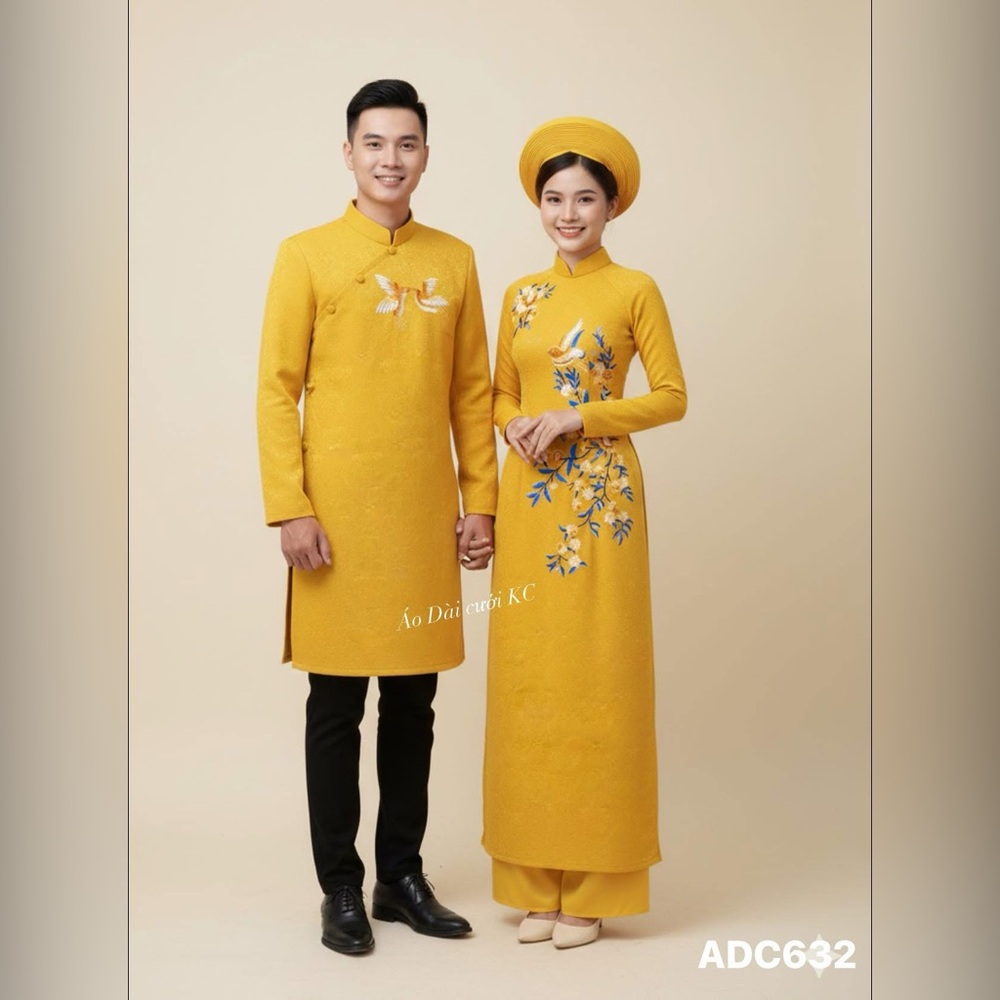 Elegant Yellow Traditional Couple Aodai